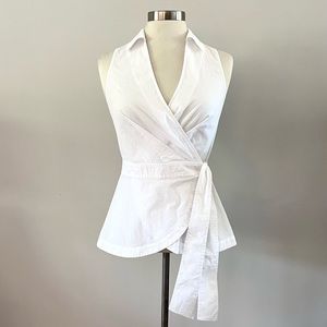 White Cotton Sleevelesss Collared Wrap Top